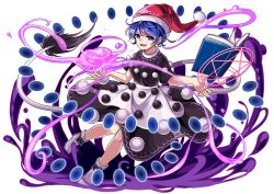 Rule 34 | 1girl, absurdres, blob, blue hair, book, danmaku, doremy sweet, dress, full body, hat, highres, kozakura (dictionary), looking at viewer, magic circle, nightcap, open book, open mouth, short hair, short sleeves, simple background, smile, socks, solo, tail, tapir tail, touhou, white background