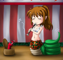 Rule 34 | 1girl, abriel00, basket, breasts, brown hair, cleavage, flute, holding flute, holding instrument, instrument, lamia, medium breasts, monster girl, music, musical note, navel, playing instrument, pointy ears, ponytail, recorder, skirt, snake, snake charmer, solo