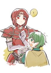 Rule 34 | !, 1boy, 1girl, :d, age difference, armor, batoson54, blush, bouquet, breastplate, bridal gauntlets, cape, circlet, fire emblem, fire emblem: the binding blade, flower, gift, green eyes, green hair, highres, lugh (fire emblem), melady (fire emblem), nintendo, open mouth, red armor, red hair, smile, surprised, yellow cape