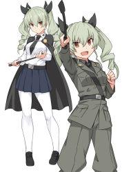 Rule 34 | 1girl, anchovy (girls und panzer), black bow, black cape, black footwear, black neckwear, black skirt, bow, breasts, brown eyes, cape, commentary request, drill hair, girls und panzer, hair between eyes, hair bow, hair ornament, holding, jacket, jodhpurs, long hair, looking at viewer, medium breasts, multiple views, necktie, open mouth, pants, pantyhose, shirt, shiseki hirame, shoes, simple background, skirt, smile, twintails, uniform, white background, white pantyhose, white shirt