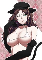 Rule 34 | 1girl, animal ears, black gloves, black hat, breasts, brown hair, cat ears, cat tail, choker, cleavage, closed mouth, dorothea arnault, earrings, elbow gloves, fire emblem, fire emblem: three houses, gloves, green eyes, hat, jewelry, large breasts, long hair, nintendo, one eye closed, smile, solo, tail, tesu, underboob, upper body