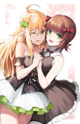 Rule 34 | 2girls, absurdres, ahoge, alternate costume, amami haruka, bare shoulders, blonde hair, breasts, brown hair, cleavage, collarbone, commission, cowboy shot, dress, fang, frilled dress, frills, green eyes, hair between eyes, halloween, highres, hoshii miki, idolmaster, idolmaster (classic), idolmaster cinderella girls, interlocked fingers, large breasts, long hair, looking at viewer, madao, multiple girls, one eye closed, open mouth, pixiv commission, short dress, skin fang, smile, tongue, tongue out, tsurime