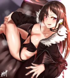 Rule 34 | 1girl, absurdres, bad id, bad twitter id, black dress, blush, breasts, brown hair, center opening, choker, cleavage, crossed legs, dress, ear piercing, earrings, fang, fate/grand order, fate (series), fur-trimmed jacket, fur trim, highres, jacket, jewelry, kisaragi tsurugi, large breasts, long hair, long sleeves, looking at viewer, multiple earrings, navel, open clothes, open jacket, open mouth, photoshop (medium), piercing, red eyes, revealing clothes, ribbon-trimmed dress, sitting, smile, solo, strapless, strapless dress, thighs, very long hair, yu mei-ren (fate)