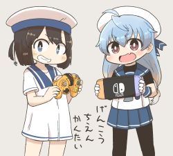 Rule 34 | 2girls, ahoge, black hair, black legwear, blue eyes, blue hair, blue neckwear, blue sailor collar, blue skirt, blush, controller, daitou (kancolle), dress, fang, game console, game controller, gamecube, gamecube controller, gloves, gradient hair, grin, hat, holding, inishie, kantai collection, long hair, looking at viewer, multicolored hair, multiple girls, nintendo switch, open mouth, pantyhose, pleated skirt, red eyes, sado (kancolle), sailor collar, sailor dress, sailor hat, school uniform, serafuku, short hair, short ponytail, simple background, skirt, smile, translation request, white gloves, white hat