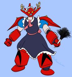 Rule 34 | alternate costume, blue background, clothed robot, commentary, dragon horns, duster, english commentary, enmaided, frills, full body, getter dragon, getter robo, getter robo g, highres, horns, kobayashi-san chi no maidragon, maid, maid headdress, mecha, no humans, parody, pun, robot, signature, simple background, solo, spikes, theanomalocaris, twitter username, yellow eyes