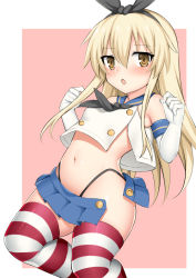 Rule 34 | 1girl, :o, bare shoulders, black panties, blonde hair, blue skirt, blush, commentary request, elbow gloves, gloves, hair between eyes, hair ornament, hairband, kantai collection, long hair, looking at viewer, miniskirt, navel, open clothes, open skirt, panties, pink background, school uniform, serafuku, shimakaze (kancolle), simple background, skirt, solo, striped clothes, striped thighhighs, thighhighs, toshishikisai, underwear, white gloves