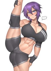 Rule 34 | ..., 1girl, abs, absurdres, bare shoulders, bike shorts, blue eyes, blush, breasts, cleavage, commentary, cowboy shot, english commentary, fingerless gloves, gloves, hair between eyes, highres, huge breasts, looking at viewer, maya (roadi3), navel, original, purple hair, roadi3, short hair, shorts, simple background, sleeveless, solo, speech bubble, split, sports bra, sportswear, standing, standing on one leg, standing split, white background