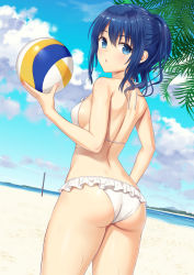 Rule 34 | 1girl, ass, back, ball, bare shoulders, beach, beach volleyball, bikini, blue eyes, blue hair, blue sky, blush, breasts, cloud, commentary request, cowboy shot, day, frilled bikini, frills, from behind, hair between eyes, highres, holding, holding ball, looking back, medium breasts, medium hair, n.g., ocean, open mouth, original, outdoors, palm tree, playing sports, ponytail, sand, sideboob, sky, solo, standing, sweat, swimsuit, thighs, tree, volleyball, volleyball (object), volleyball net, water, white bikini