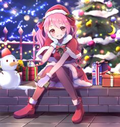 Rule 34 | 1girl, absurdres, blush, boots, box, capelet, christmas, christmas tree, fence, fur-trimmed boots, fur-trimmed capelet, fur-trimmed gloves, fur-trimmed skirt, fur trim, gift, gift box, gloves, grin, hand on own cheek, hand on own face, hat, highres, holding, holding gift, indie virtual youtuber, koisaki luna, long hair, looking at viewer, orange eyes, pink hair, santa hat, sitting, skirt, smile, snow, snowman, solo, string lights, thighhighs, two side up, virtual youtuber, yodakeke