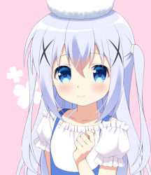 Rule 34 | 1girl, angora rabbit, animal, animal on head, bare shoulders, blue eyes, blue hair, blush, closed mouth, collarbone, commentary request, gaou (babel), gochuumon wa usagi desu ka?, hair between eyes, hair ornament, hand up, kafuu chino, long hair, looking at viewer, off-shoulder shirt, off shoulder, on head, pink background, puffy short sleeves, puffy sleeves, rabbit, shirt, short sleeves, smile, tippy (gochiusa), two side up, upper body, white shirt, x hair ornament