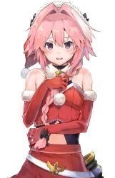 Rule 34 | 1boy, :d, androgynous, astolfo (fate), bare shoulders, black bow, bow, braid, clothing cutout, commentary, elbow gloves, fate/apocrypha, fate (series), gloves, hair bow, hair intakes, hat, highres, looking at viewer, male focus, navel, navel cutout, open mouth, pink eyes, pink hair, pom pom (clothes), red gloves, santa costume, santa hat, simple background, single braid, smile, sumisu (mondo), trap, upper body, white background