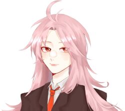 Rule 34 | 1boy, ahoge, black jacket, chinese commentary, closed mouth, collared shirt, commentary request, hatsutori hajime, jacket, long hair, male focus, necktie, parted bangs, pink hair, red eyes, red necktie, saibou shinkyoku, shirt, simple background, smile, solo, tansuan mianhuatang, white background, white shirt