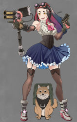 Rule 34 | 1girl, :d, aiming, bare shoulders, black hair, black thighhighs, blue skirt, boots, breasts, butcha-u, colored inner hair, corset, dog, dual wielding, elbow gloves, frilled skirt, frills, full body, garter straps, gloves, goggles, goggles on head, grey background, gun, handgun, highres, holding, holding gun, holding weapon, legs apart, long hair, looking at viewer, medium breasts, medium skirt, multicolored hair, open mouth, original, purple hair, quilted clothes, shiba inu, shoes, short eyebrows, signature, simple background, skirt, sleeveless, sleeveless turtleneck, smile, sneakers, solo, standing, thick eyebrows, thighhighs, trigger discipline, turtleneck, two-tone hair, weapon, wide hips, yellow eyes, zettai ryouiki