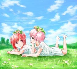 Rule 34 | 2girls, akaza akari, bad id, bad pixiv id, barefoot, cloud, day, double bun, female focus, flower, grass, hair bobbles, hair ornament, hand on another&#039;s chin, hand on own chin, light smile, lying, multiple girls, on stomach, outdoors, pink hair, purple eyes, red hair, sky, syou (endemic species), twintails, yoshikawa chinatsu, yuru yuri