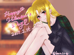 Rule 34 | 1girl, black dress, blonde hair, blurry, blurry background, closed mouth, commentary, cursive, dated, dress, english text, fate testarossa, fireplace, green jacket, hands on own knees, happy valentine, highres, indoors, jacket, jacket on shoulders, leaning forward, leonis g, long hair, looking at viewer, lyrical nanoha, red eyes, short dress, sitting, smile, solo, sweater, sweater dress, twitter username