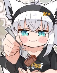 Rule 34 | 1girl, animal ear fluff, animal ears, black hairband, black shirt, blue eyes, blush stickers, breasts, collarbone, commentary, feeding, fork, fox ears, fox girl, fox tail, hairband, highres, holding, holding fork, hololive, incoming food, kukie-nyan, looking at viewer, medium breasts, medium hair, print shirt, shirakami fubuki, shirakami fubuki (loungewear), shirt, sidelocks, smile, solo, tail, upper body, virtual youtuber, white hair