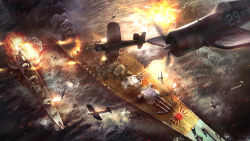 Rule 34 | 3d, absurdres, action, aircraft, airplane, battle, battleship, cannon, commentary, copyright request, damaged, deck, deck gun, destroyer, explosion, fire, firing, flying, from above, glowing, highres, japanese flag, military, military vehicle, naval battle, no humans, ocean, outdoors, photorealistic, projectile trail, realistic, ship, smoke, togman-studio, projectile trail, turret, vehicle focus, warship, water, watercraft, world war ii, yamato (battleship)
