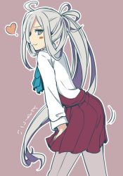 Rule 34 | 10s, 1girl, :3, ahoge, asashimo (kancolle), blush, bow, bowtie, from side, grey eyes, grey hair, grey pantyhose, hair over one eye, heart, kantai collection, leaning, leaning forward, long hair, long sleeves, looking at viewer, moti coi, multicolored hair, outline, pantyhose, ponytail, purple hair, purple pantyhose, school uniform, simple background, skirt, solo, white outline