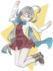 Rule 34 | 1girl, ahoge, boots, bow, bowtie, brown dress, ceroliz, commentary request, cross-laced footwear, dress, dress shirt, full body, grey eyes, grey hair, hair between eyes, halterneck, highres, kantai collection, kiyoshimo (kancolle), lace-up boots, long hair, looking at viewer, low twintails, one eye closed, pantyhose, shirt, solo, twintails, two-tone background, very long hair, white background, white pantyhose, white shirt