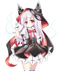 Rule 34 | 1girl, animal ears, azur lane, black bow, black cape, black skirt, blush, bow, breasts, cape, chain, closed mouth, commentary, erebus (azur lane), fake animal ears, glint, gloves, hood, hood up, hooded cape, long hair, looking at viewer, pleated skirt, puffy short sleeves, puffy sleeves, red cape, red eyes, shikito (yawa0w0), shirt, short sleeves, simple background, skirt, small breasts, solo, suspender skirt, suspenders, thighhighs, torn cape, torn clothes, very long hair, white background, white gloves, white hair, white shirt