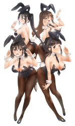 Rule 34 | 4girls, alternate costume, animal ears, ashigara (kancolle), ass, ass-to-ass, ass press, bare shoulders, between breasts, black hair, black leotard, black necktie, blunt bangs, blush, braid, braided bun, breasts, brown eyes, brown hair, brown pantyhose, cleavage, commentary request, covered navel, detached collar, fake animal ears, full body, haguro (kancolle), hair between eyes, hair bun, high heels, highres, kantai collection, large breasts, leotard, long hair, looking at viewer, multiple girls, myoukou (kancolle), nachi (kancolle), necktie, necktie between breasts, one eye closed, open mouth, pantyhose, playboy bunny, ponytail, rabbit ears, rabbit tail, short hair, side ponytail, sidelocks, simple background, single hair bun, smile, strapless, strapless leotard, tail, toka (marchlizard), very long hair, wavy hair, white background, wrist cuffs