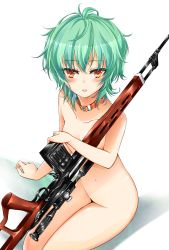 Rule 34 | 1girl, agetama, blush, breasts, brown eyes, collar, collarbone, covering privates, dragunov svd, eyebrows, green hair, gun, hidan no aria, highres, lips, messy hair, navel, nude, nude cover, reki (hidan no aria), rifle, scope, short hair, simple background, small breasts, sniper rifle, solo, thumbhole stock, weapon