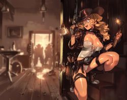 Rule 34 | 1girl, 2boys, belt, blonde hair, boots, breasts, bullet hole, bustier, choker, commentary, cowboy boots, cowboy hat, cowboy western, damaged, dynamite, english commentary, explosive, focused, gun, handgun, hat, holding, holding gun, holding weapon, indoors, jacket, juliona trans, lace-up top, long hair, multiple boys, nipple slip, nipples, optionaltypo, panties, revolver, saloon, saloon doors, shell casing, silhouette, stairs, star (symbol), sweatdrop, table, thigh strap, underwear, weapon, wild wet west