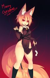 Rule 34 | 1girl, :p, animal ears, bare shoulders, bell, black dress, black gloves, black socks, blonde hair, breasts, bridal gauntlets, covered navel, dress, elbow gloves, fox ears, fox tail, gloves, glowing, glowing eyes, highres, kneehighs, long hair, looking at viewer, merry christmas, no panties, original, pelvic curtain, ponytail, red eyes, ribbon, side slit, skirt hold, sleeveless, sleeveless dress, small breasts, socks, solo, sub-res, suzu (sub-res), tail, thick thighs, thighs, tongue, tongue out, tsurime, very long hair, wide hips