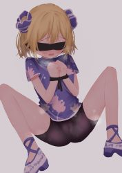 Rule 34 | 1girl, absurdres, bike shorts, blindfold, blonde hair, blush, bound, bound wrists, breath, cameltoe, clenched hands, dress, ear blush, female focus, flat chest, floral print, flower, grey background, hair flower, hair ornament, hands up, highres, knees up, magia record: mahou shoujo madoka magica gaiden, mahou shoujo madoka magica, mitsuki felicia, nose blush, open mouth, own hands together, purple dress, purple flower, purple footwear, sakaemdg, shoes, short dress, short hair, short sleeves, sidelocks, simple background, sitting, solo, spread legs, steam, steaming body, sweat
