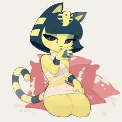 Rule 34 | 1girl, :&lt;, animal crossing, animal ears, animal hands, animal nose, ankha (animal crossing), armpit crease, artist name, bandages, blush, breasts, cat ears, cat girl, cat paws, cat tail, commentary, english commentary, evehly, eyeshadow, full body, furry, furry female, green eyeshadow, grey background, grey eyes, half-closed eyes, hand up, licking, licking hand, licking self, looking at viewer, makeup, medium breasts, naked bandage, navel, nintendo, pillow, seiza, short eyebrows, simple background, sitting, solo, striped, striped tail, tail, thick eyebrows, tongue, tongue out, watermark