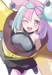 Rule 34 | 1girl, ;d, akitokage, blue hair, commentary request, creatures (company), game freak, gen 1 pokemon, hair ornament, hexagon print, highres, iono (pokemon), jacket, looking at viewer, magnemite, multicolored hair, nintendo, off-shoulder jacket, off shoulder, one eye closed, open mouth, pink eyes, pink hair, pokemon, pokemon sv, sharp teeth, smile, solo, split-color hair, teeth, yellow jacket