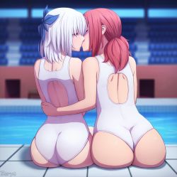 Rule 34 | 2girls, arm around waist, ass, back, back cutout, bare shoulders, butt crack, clothing cutout, competition swimsuit, closed eyes, from behind, hair ribbon, hand on own hip, highres, hip focus, keijo!!!!!!!!, kiss, miyata sayaka, multiple girls, one-piece swimsuit, pink hair, pool, poolside, red hair, ribbon, sitting, skindentation, swimsuit, toyoguchi non, water, wedgie, white hair, white one-piece swimsuit, wide hips, yuri, zoryc