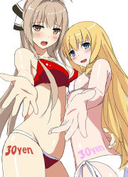 Rule 34 | 10s, 2girls, amagi brilliant park, bad id, bad pixiv id, bare shoulders, bikini, blonde hair, blue eyes, body writing, bow, breasts, brown eyes, brown hair, cleavage, cocona (coconacafe), collarbone, embarrassed, flat chest, hair bow, large breasts, latifa fleuranza, long hair, multiple girls, outstretched hand, ponytail, red bikini, sento isuzu, side-tie bikini bottom, sketch, smile, swimsuit