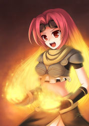 Rule 34 | 1girl, chandra nalaar, fiery hair, fingerless gloves, fire, gloves, goggles, goggles on head, hair intakes, highres, long hair, magic: the gathering, midriff, open mouth, red eyes, red hair, ricegnat, skirt, smile, solo