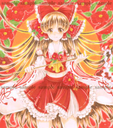 Rule 34 | 1girl, ascot, bad id, bad pixiv id, bow, breasts, brown eyes, brown hair, camellia, cowboy shot, detached sleeves, floating hair, flower, frilled bow, frilled skirt, frills, gohei, hair bow, hair flower, hair ornament, hair tubes, hakurei reimu, highres, light particles, long hair, looking at viewer, midriff, red background, red skirt, ribbon-trimmed collar, ribbon-trimmed skirt, ribbon-trimmed sleeves, ribbon trim, sample watermark, skirt, sleeveless, smile, solo, sun, touhou, traditional media, very long hair, w0ru, watermark, wide sleeves