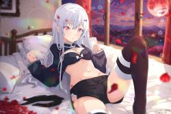 Rule 34 | 1girl, artist name, asami-chan, bed sheet, black bra, black shorts, black thighhighs, blurry, blurry foreground, blush, bra, breasts, cleavage, closed mouth, dolphin shorts, groin, hair between eyes, hair ornament, hairclip, highres, indoors, long hair, long sleeves, looking at viewer, lying, navel, on back, on bed, original, pillow, red eyes, short shorts, shorts, shrug (clothing), small breasts, solo, stomach, straight hair, thighhighs, twitter logo, underwear, white hair, zettai ryouiki