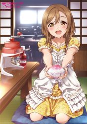 Rule 34 | 1girl, alternate hairstyle, bottle, bowl, braid, chair, dress, flower, food, food coloring, frill trim, frills, glass bowl, hair between eyes, hair flower, hair ornament, highres, incoming food, indoors, inou shin, kitchen, kunikida hanamaru, light brown hair, living room, looking at viewer, love live!, love live! school idol festival, love live! sunshine!!, machinery, official art, open mouth, pillow, presenting, seiza, shaved ice, short sleeves, sidelocks, sitting, smile, sunlight, table, twin braids, window, yellow dress, yellow eyes
