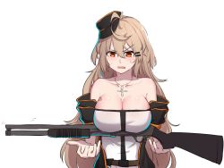 Rule 34 | &gt;:(, 1girl, blush, breasts, brown hair, cleavage, frown, girls&#039; frontline, gun, hat, ithaca m37, jewelry, large breasts, long hair, m37 (girls&#039; frontline), open mouth, pendant, pump action, shotgun, solo, v-shaped eyebrows, very long hair, weapon, weapon request, xiujia yihuizi, yellow eyes