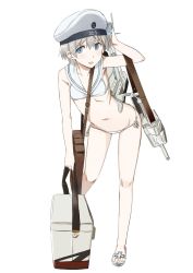 Rule 34 | 10s, 1girl, bad id, bad twitter id, beret, bikini, blue eyes, blush, bow, box, character name, cosplay, female focus, flat chest, full body, hat, kantai collection, leaning forward, looking at viewer, navel, ningen (ningen96), open mouth, sailor bikini, sailor collar, sandals, seashell, shell, short hair, silver hair, simple background, smile, solo, strap, swimsuit, weapon, white background, white bikini, white hat, z1 leberecht maass (kancolle), z3 max schultz (kancolle), z3 max schultz (kancolle) (cosplay)