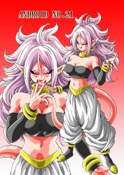 Rule 34 | 1girl, absurdres, ahoge, android 21, baggy pants, breasts, character name, cleavage, colored skin, dragon ball, dragon ball fighterz, full body, harem pants, highres, large breasts, long hair, majin android 21, midriff, nail polish, navel, pants, pink skin, pointy ears, smile, solo, strapless, tongue, tongue out, tube top, white hair, young jijii