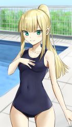 Rule 34 | 1girl, alternate costume, bare arms, blonde hair, blue one-piece swimsuit, blurry, blurry background, blush, breasts, collarbone, commentary request, covered navel, cowboy shot, day, elfenlied22, fate (series), green eyes, high ponytail, highres, long hair, looking at viewer, lord el-melloi ii case files, one-piece swimsuit, outdoors, ponytail, pool, poolside, reines el-melloi archisorte, school swimsuit, small breasts, smile, solo, swimsuit