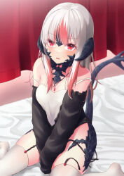 Rule 34 | 1girl, arms between legs, au ra, blush, bottomless, commission, curtains, final fantasy, final fantasy xiv, frown, garter straps, highres, horns, ichiki toki, jewelry, long hair, long sleeves, multicolored hair, necklace, off shoulder, on bed, open mouth, pink hair, red eyes, scales, sitting, skeb commission, solo, spaghetti strap, strap slip, tail, tank top, thighhighs, two-tone hair, wariza, warrior of light (ff14), white hair