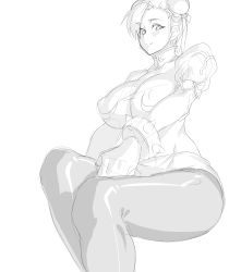 Rule 34 | bracelet, breasts, bun cover, capcom, chun-li, double bun, greyscale, hair bun, highres, jewelry, large breasts, legs, monochrome, nipples, pantyhose, potion (moudamepo), puffy nipples, sketch, solo, spiked bracelet, spikes, street fighter, thighs