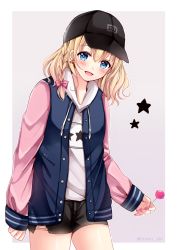 Rule 34 | 1girl, :d, baseball cap, black hat, black shorts, blonde hair, blue eyes, blue jacket, blush, bow, braid, candy, commentary request, cowboy shot, drawstring, earrings, fingernails, food, grey background, hair between eyes, hair bow, hat, head tilt, holding, holding candy, holding food, holding lollipop, hood, hood down, hoodie, jacket, jewelry, letterman jacket, lollipop, long sleeves, looking at viewer, nail polish, open clothes, open jacket, open mouth, original, pink bow, pink nails, sakura hiyori, short shorts, shorts, side braid, single braid, sleeves past wrists, smile, solo, star (symbol), twitter username, two-tone background, white background, white hoodie