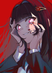 Rule 34 | 1girl, :d, black jacket, blazer, brown hair, collared shirt, flower-shaped pupils, from side, glowing, glowing eyes, grin, hair intakes, hair ornament, hairclip, hands on own cheeks, hands on own face, highres, honkai: star rail, honkai (series), jacket, lempika, long hair, looking at viewer, nail polish, open clothes, open jacket, open mouth, pink eyes, portrait, red background, red nails, school uniform, shirt, simple background, smile, solo, sparkle (honkai: star rail), straight hair, symbol-shaped pupils, teeth, white shirt