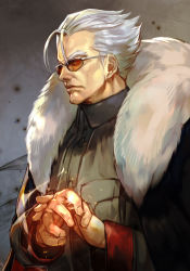 Rule 34 | 1boy, antenna hair, black coat, closed mouth, coat, fate/grand order, fate (series), from side, fur trim, grey background, grey hair, grey jacket, hungry clicker, imperial head guard (fate/grand order), jacket, li shuwen (fate), li shuwen (old) (fate), long sleeves, looking at viewer, male focus, manly, old, old man, orange-tinted eyewear, red eyes, solo, sunglasses, tinted eyewear, upper body