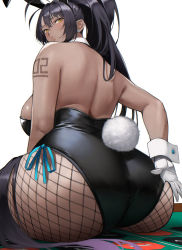 Rule 34 | 1girl, animal ears, ass, bare shoulders, black hair, black leotard, blue archive, breasts, dark-skinned female, dark skin, fake animal ears, fake tail, fishnet pantyhose, fishnets, from behind, gloves, highres, karin (blue archive), karin (bunny) (blue archive), large breasts, leotard, long hair, looking at viewer, looking back, official alternate costume, orange eyes, pantyhose, playboy bunny, ponytail, rabbit ears, rabbit tail, revision, shoulder tattoo, simple background, solo, tail, tattoo, white background, white gloves, wide hips, yoshio (55level)