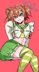 Rule 34 | 1girl, breasts, commentary, cropped shirt, fuyo cloverfield, green eyes, green skirt, green thighhighs, grin, highres, idol corp, long hair, long sleeves, looking at viewer, medium hair, navel, pink hair, shirt, short twintails, silva arts, skirt, sleeves past fingers, sleeves past wrists, small breasts, smile, symbol-only commentary, thighhighs, twintails, virtual youtuber, white shirt