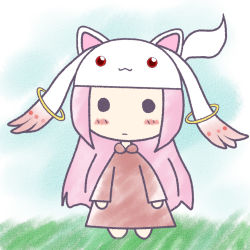Rule 34 | 10s, 1girl, :3, barefoot, blue sky, blush stickers, closed mouth, day, dress, expressionless, full body, grass, hat, kyubey, long hair, long sleeves, looking at viewer, mahou shoujo madoka magica, mahou shoujo madoka magica (anime), megurine luka, megurine luka (toeto), pink hair, red dress, sky, solid circle eyes, standing, toeto (vocaloid), vocaloid, white hat, yume shokunin