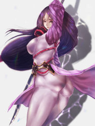 Rule 34 | 1girl, ass, blush, bodysuit, breasts, covered erect nipples, fate/grand order, fate (series), large breasts, long hair, looking at viewer, looking back, minamoto no raikou (fate), parted lips, purple eyes, purple hair, red hod, shiny clothes, sideboob, skin tight, solo, sword, very long hair, weapon